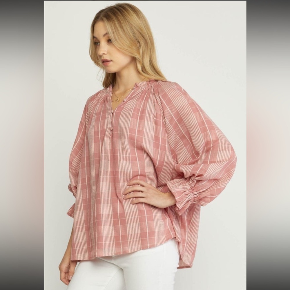 Entro Plaid Balloon Slv Top